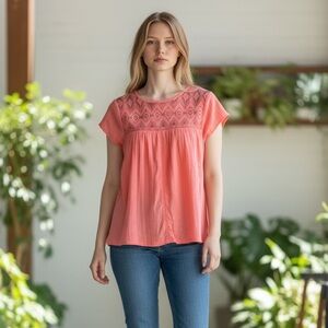 PrAna Kora Lace Inset Top Coral Organic Cotton Gauze Boho Gauze Boho Medium